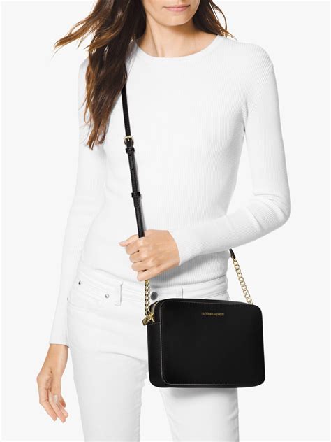 michael kors saffiano leather crossbody with gold chain in black|Michael Kors saffiano jet set.